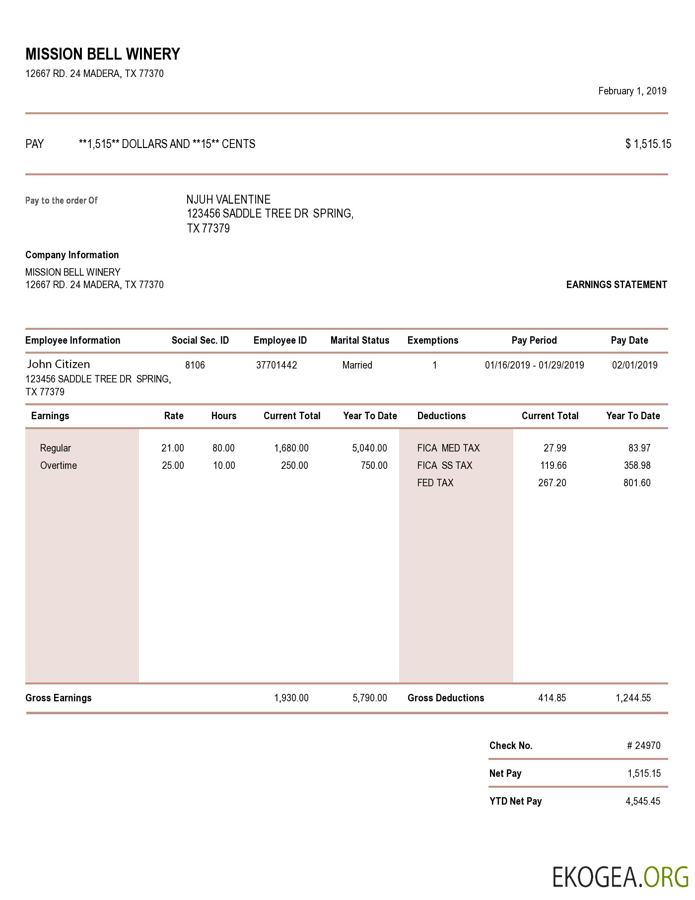 USA MISSION Bell Winery relevé des résultats aux formats Word et PDF